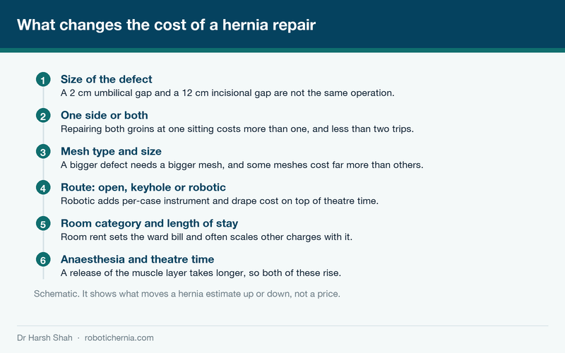 Diagram by Dr Harsh Shah's team showing the six factors that move the cost of a hernia repair