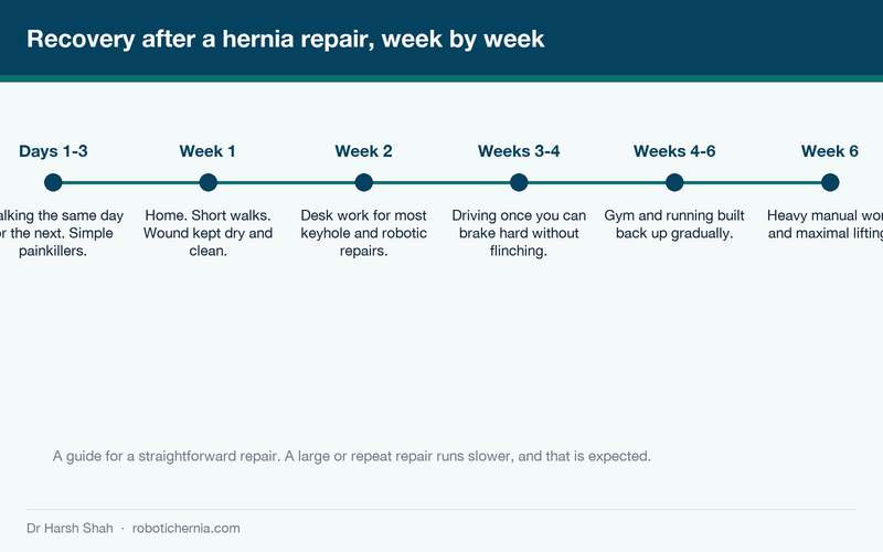 Timeline diagram of recovery after hernia surgery from the first three days to week six
