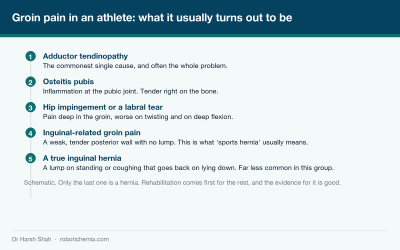 Diagram of the five causes of athletic groin pain, showing that only one of them is a true hernia