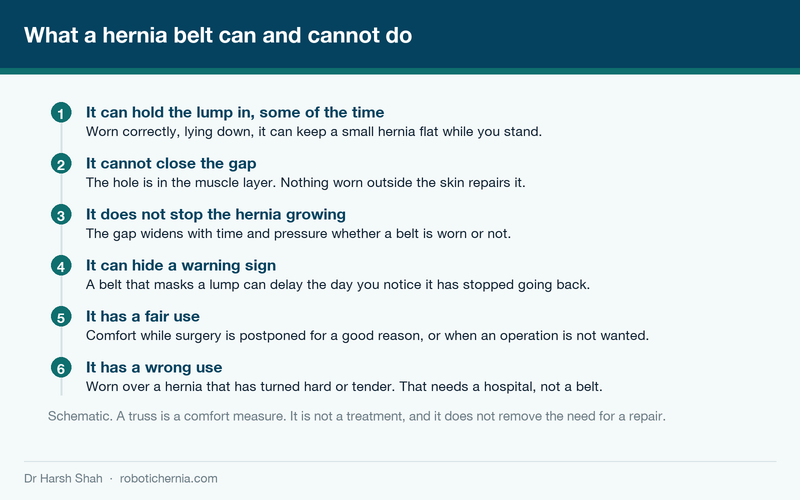 Diagram of what a hernia belt or truss can and cannot achieve, in six points
